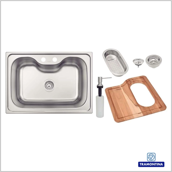 93806102 - Cuba de Sobrepor Morgana em Aço Inox Acetinado 69 x 49 cm com Válvula Dosador de Sabão Tábua e Cesto